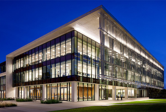 Medical Education and Technology building at dusk