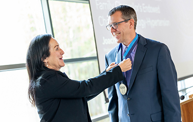 From left, Chair of the Department of Medicine Zea Borok, MD, with inaugural chair holder Joachim Ix, MD, at the celebration of the Darrell and Dorthy Ann Fanestil Family Chancellor’s Endowed Chair in Nephrology-Hypertension