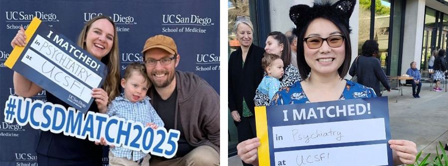 4 of 11, Collage of two photos of students with "I Matched" signs on the left is a female student with her male partner and young child on the right is a female smiling at camera