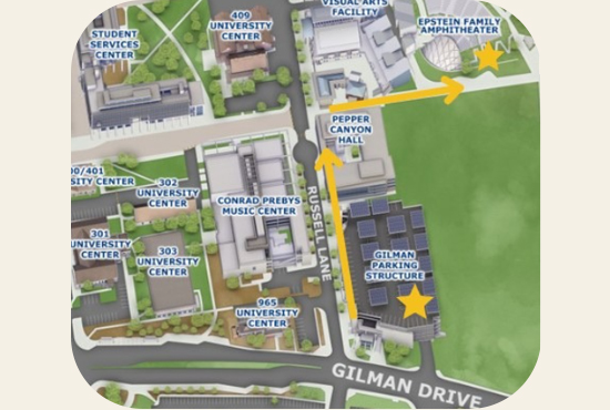 map showing walking route from Gilman Parking Structure to Epstein Amphitheater